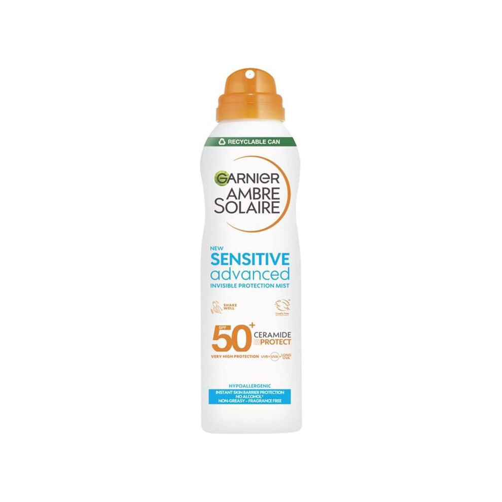 Ambre Solaire SPF 50+ Sensitive Advanced Dry Mist Sun Cream Spray, Water Resistant & Non Greasy Sunscreen, Fragrance Free, UVA & UVB Protection,