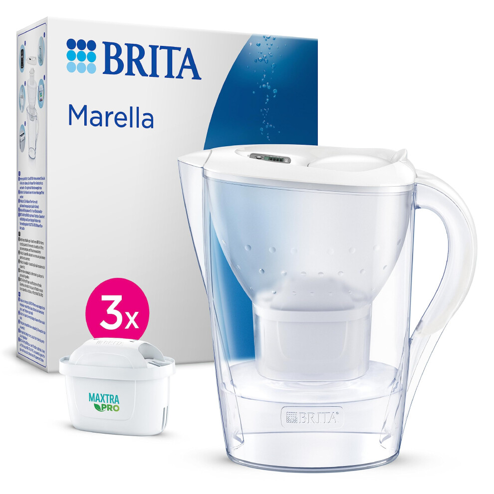 Marella Water Filter Jug White (2.4L) Starter Pack incl. 3x MAXTRA PRO All-in-1 cartridges - fridge-fitting jug with digital LTI and Flip-Lid - now in