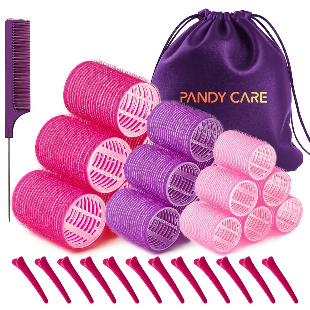 Hair Rollers Set 32 PCS, PandyCare For Long & Short - No Heat, Hair-friendly, Natural Effect, Includes 18 (1.73+1.41+0.98 inch), 12 Clips,1 Rat Tail