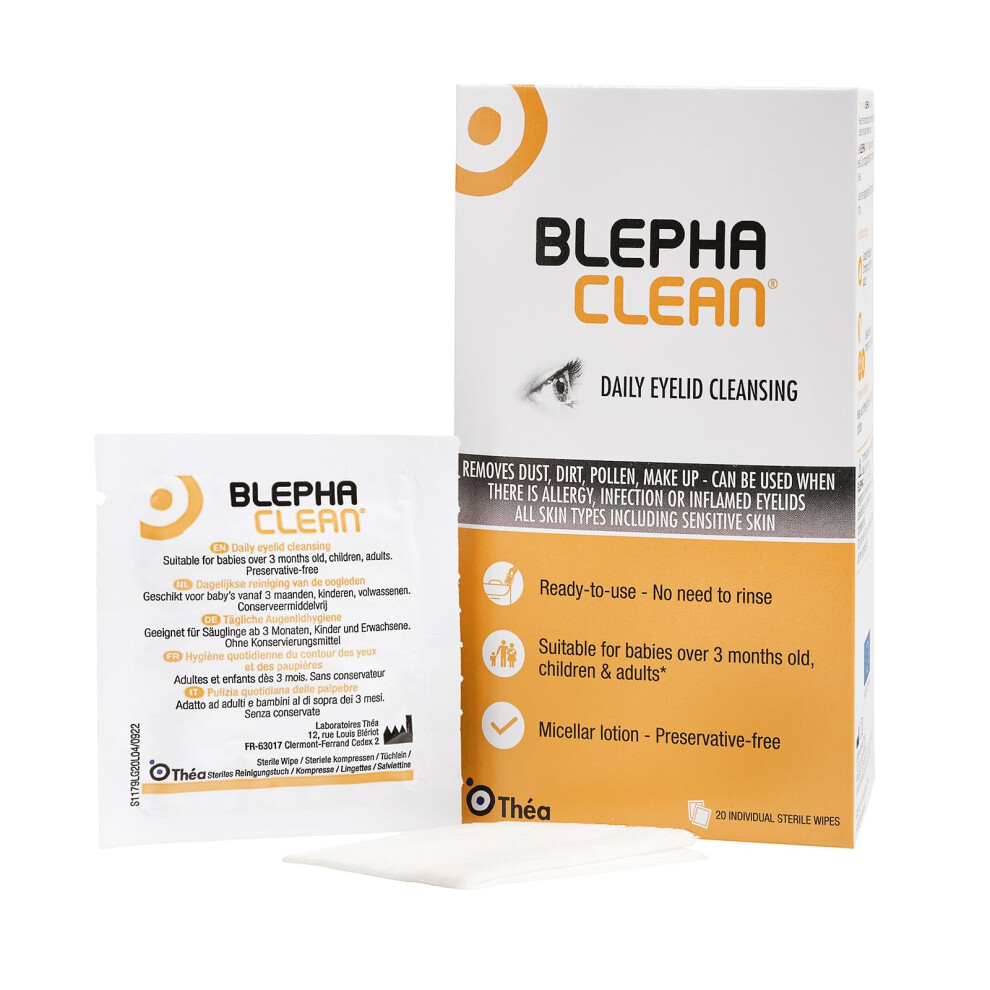 Blephaclean Daily Eyelid Wipes - Gentle Hygiene and Cleansing for Sensitive Skin | Suitable for Babies (3 Months and Up) | Preservative-Free | 20