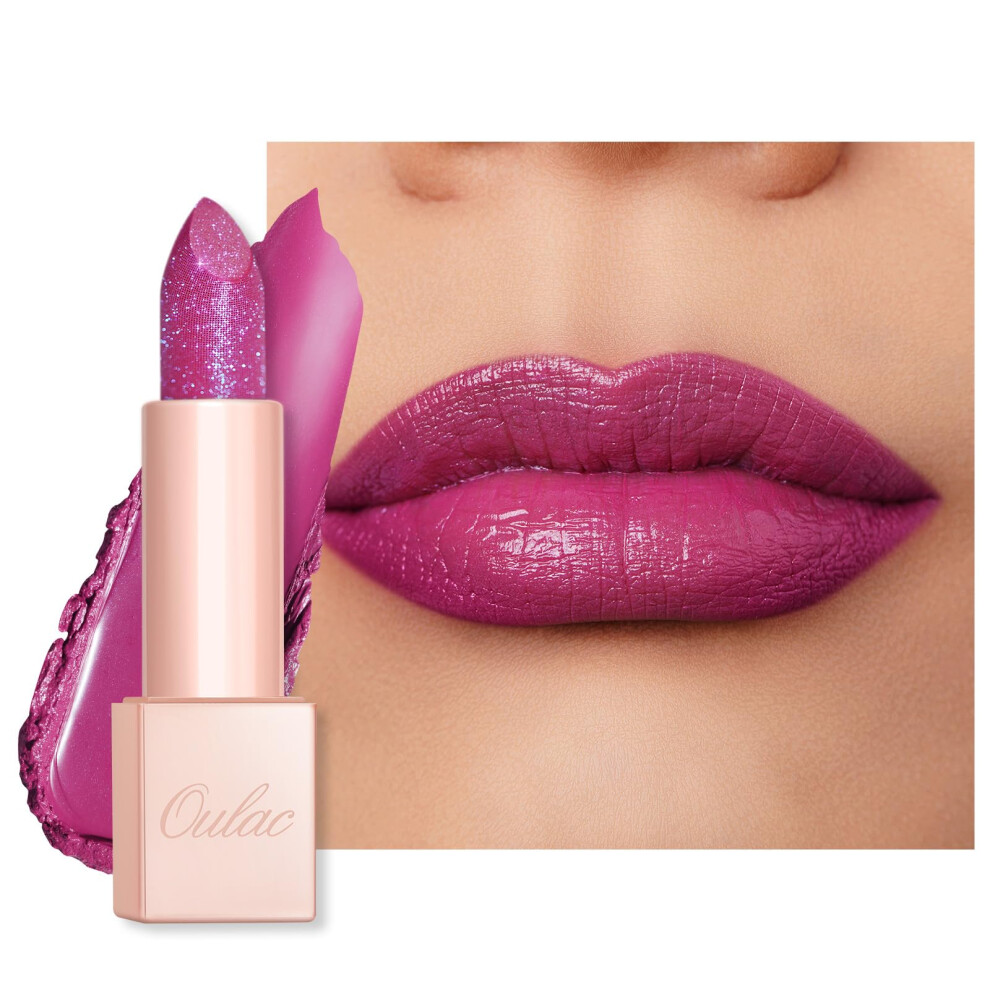 Oulac Shimmer Moisturising Lipstick - Violet Lipsticks, Tinted Lip Balm For Dry Lips, Hydrating & Smooth, Sheer Colour, Glitter Finish, Creamy Formula,