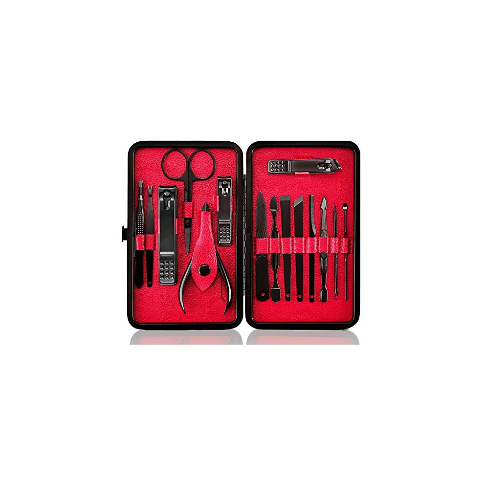 Keiby Citom Black/Red Manicure Set Nail Set Nail Clipper Kit Professional - Stainless Steel Pedicure Set Nail Grooming Kit Of 15Pcs With Case For Travel ()