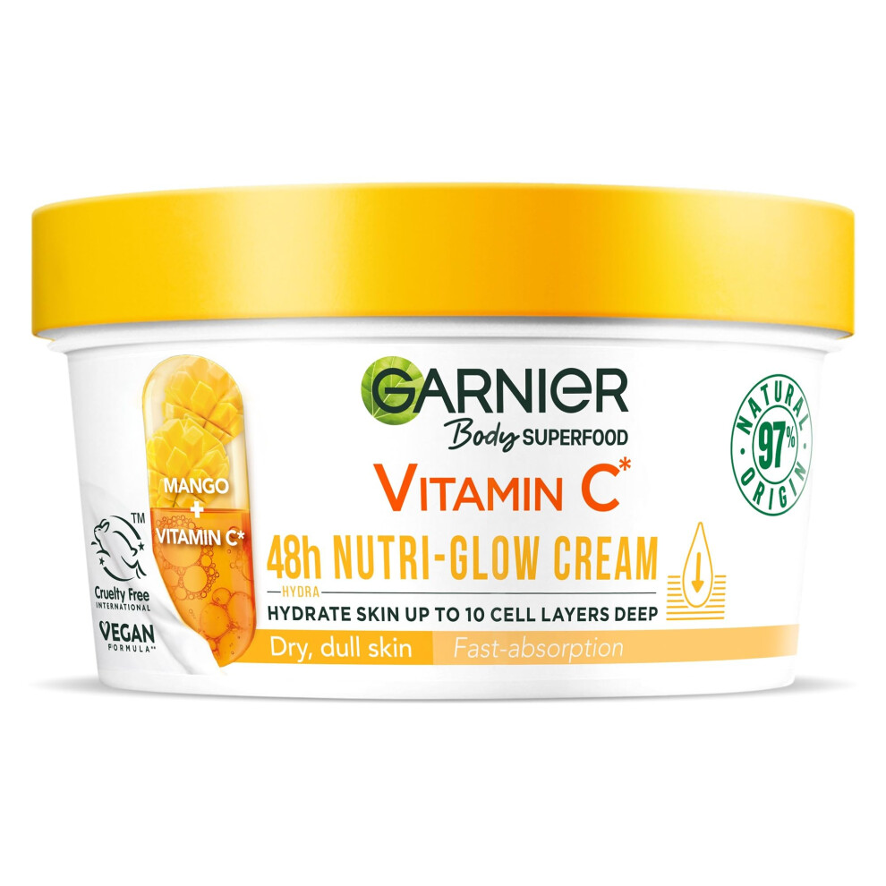 Garnier Cream Body Superfood, Nutri Glow Body Vitamin C & Mango, For Dry & Dull Skin, Brightening & Glowing, Nourishing & Fast Absorbing, Vegan Formula,