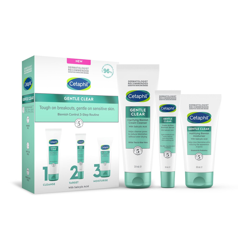 Gentle Clear Blemish Control 3-Step Routine Skincare Kit with Salicylic Acid, Face Cleanser 124ml + Serum 30ml + Moisturiser 89ml