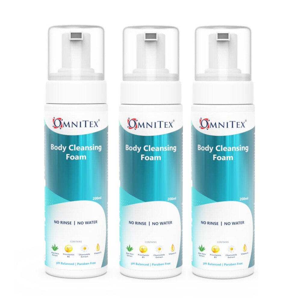 Omnitex 3X 200Ml Rinse Free Body Cleansing Foam, With Herbal Oils & Vitamins | No Water - No Rinse Body Wash | Clean, Nourish & Protect, No Parabens,