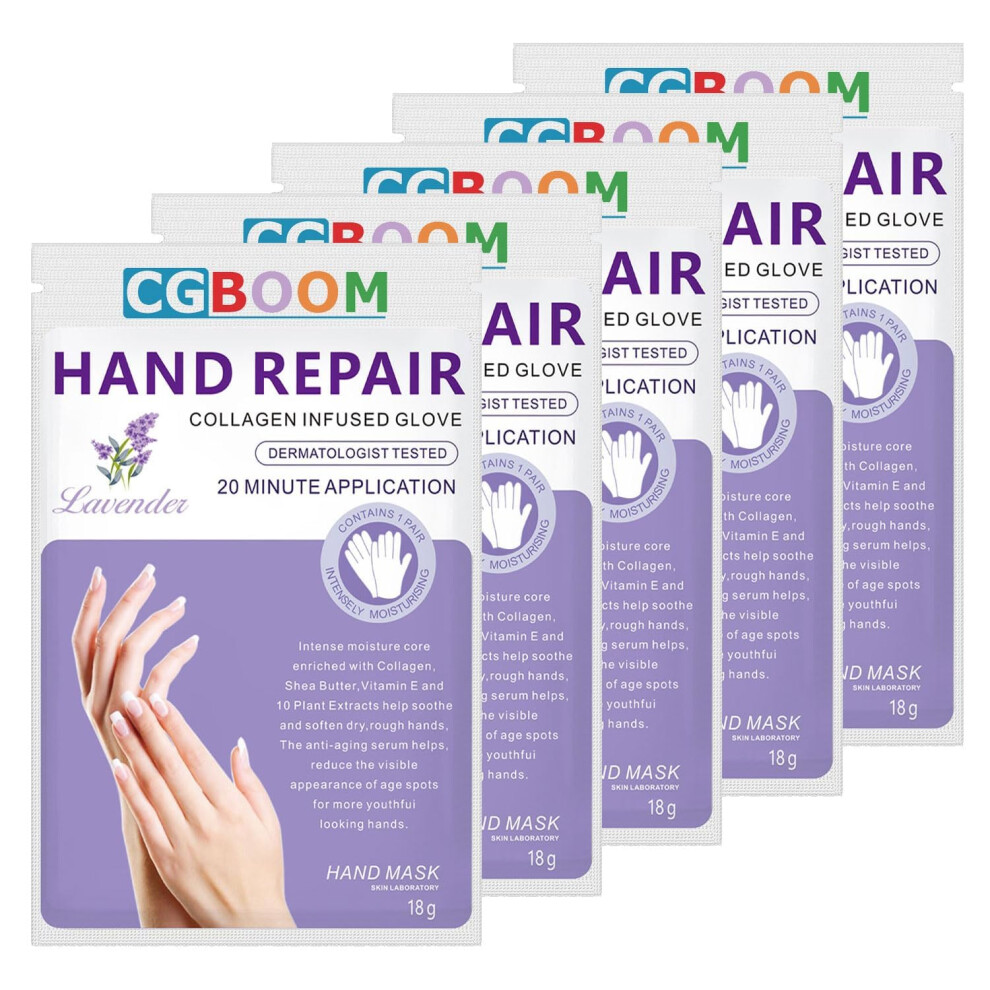 Cgboom 5 Pairs Hands Moisturizing Gloves, Hand Skin Repair Renew Mask Infused Collagen, Vitamins + Natural Plant Extracts For Dry, Aging, Cracked Hands (5