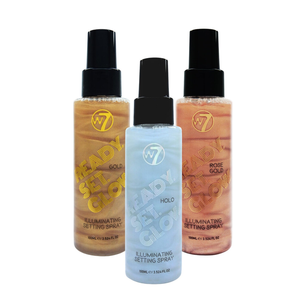 Ready Set Glow Trio - 3Pcs - Makeup Setting Spray - Shimmer Finish - Long-Lasting, Ultra-Fine Formula (Rose Gold, Gold & Holo)