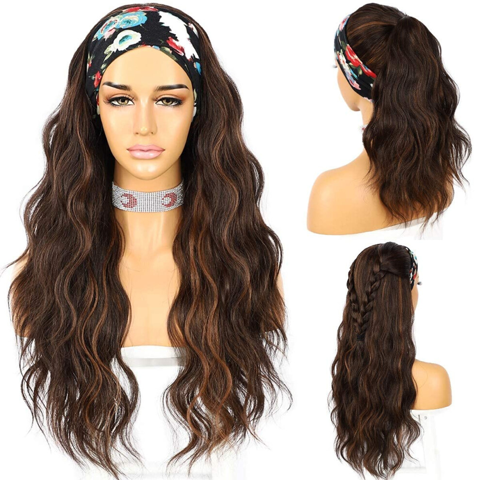 Sapphirewigs Body Wave Headband Wig Synthetic Long Wavy Wig For Women Glueless Brown Wig Natural Looking 150% Density 26Inch