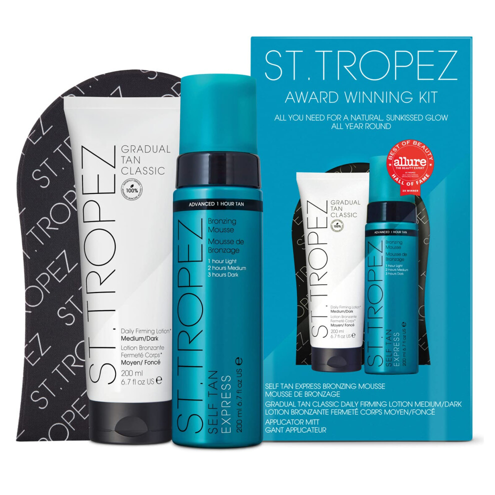 Self Tan Award Winning Kit, Express Bronzing Mousse 200 ml, Gradual Tan Firming Body Lotion 200 ml, Applicator Mitt, Vegan Fake Tan & Skincare