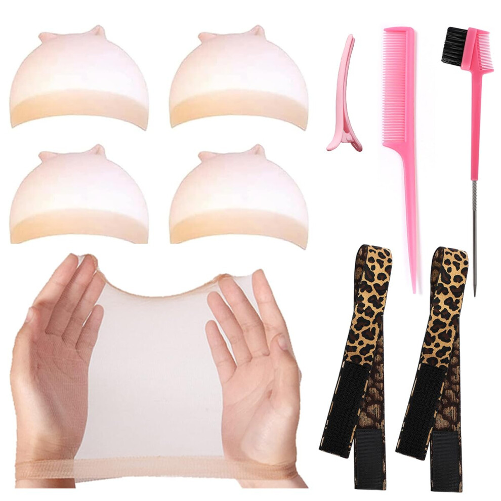 Sapphirewigs 2Pcs Wig Band For Melting Lace, 4Pcs Hd Wig Caps, Edge Wrap To Lay Edges, Breathable Caps For Lace Front Wig, Leopard Print Elastic Bands For Wigs,