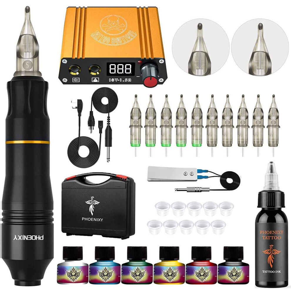 Tattoo Kit, Rotary Tattoo Pen Tattoo Gun Tattoo Machine Kit Switch Power Supply 10 Tattoo Cartridge Needles 7 Colors Permanent Tattoo Ink Tattoo Set