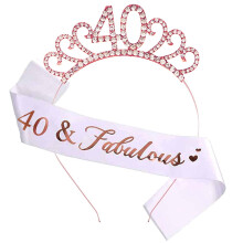 40th Birthday Sash and Tiara Birthday Crystal Crown for Women 40th Birthday Decorations Birthday Gift Party Accessories (Rose Gold)