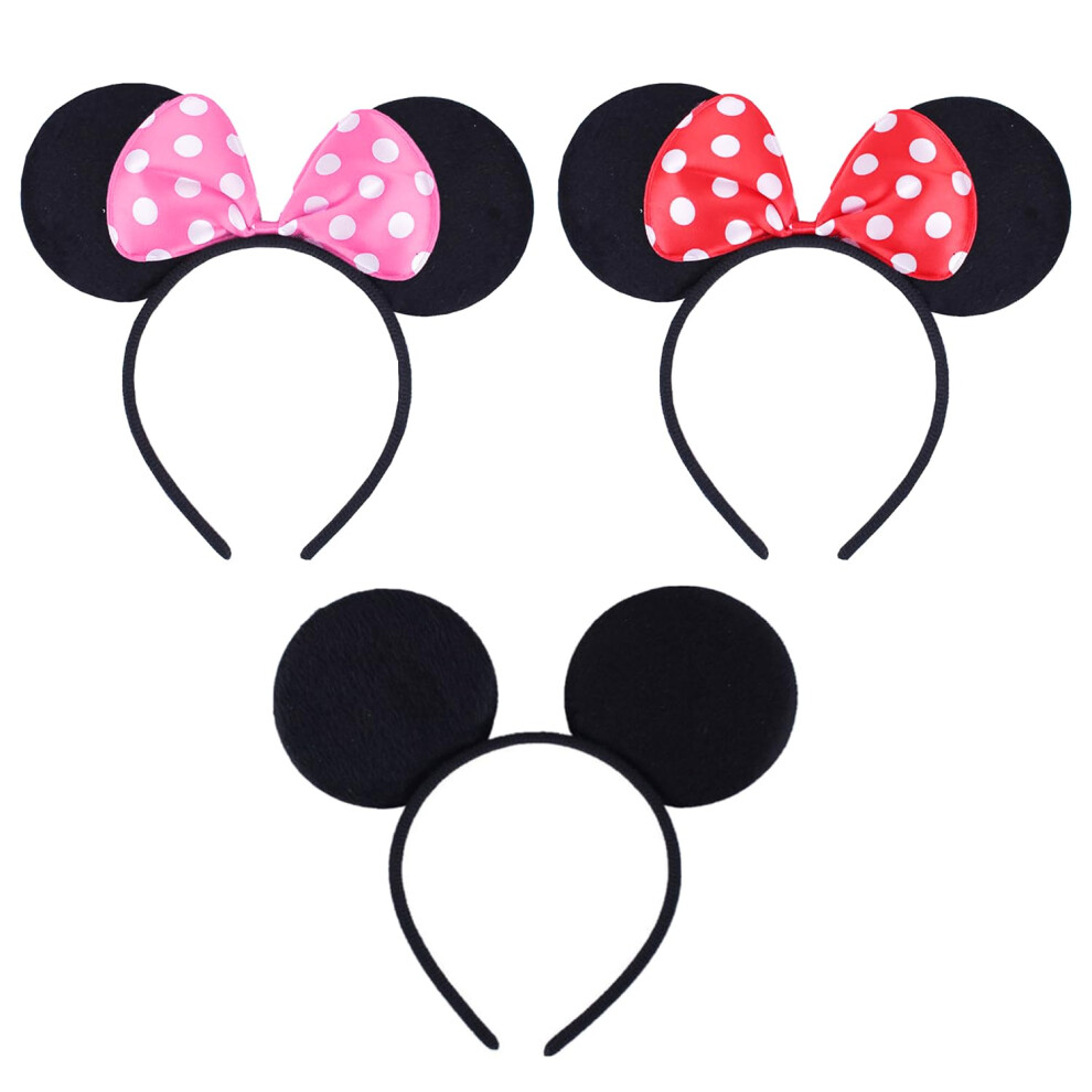 3 Pcs Mickey Mouse Ears, Black Mickey Mouse Ears and Minnie Mouse Ears Birthday Party Accessories, Mickey Ears for Adults/Children Fancy Dress Costume