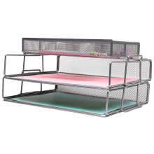 Layer of 2 Wired Mesh Paper Sorter plus an Accessory Tray/Desk Organiser/Detachable File Holder, With Extra Divider/Memo Holder On Top – Office,