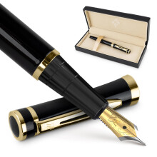 Fountain Pen Set, Medium Nib, Includes 6 Ink Cartridges and Ink Refill Converter, Gift Case, Journaling, Calligraphy, Smooth Writing Pens [Black Gold]