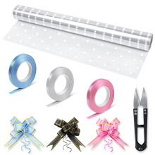Clear White Dot Cellophane Wrap for Hampers,Gift Wrapping Roll with 30 Pull Bows,3 Ribbon Rolls,Scissors for Florist Bouquet Easter Valentine&Birthday