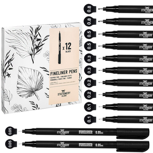 Black Fineliner Pens - Set of 12 - Assorted Nibs - Fine Tip - For Sketching, Inking, Bullet Journal, Drawing, Writing, Manga and Graphic Design