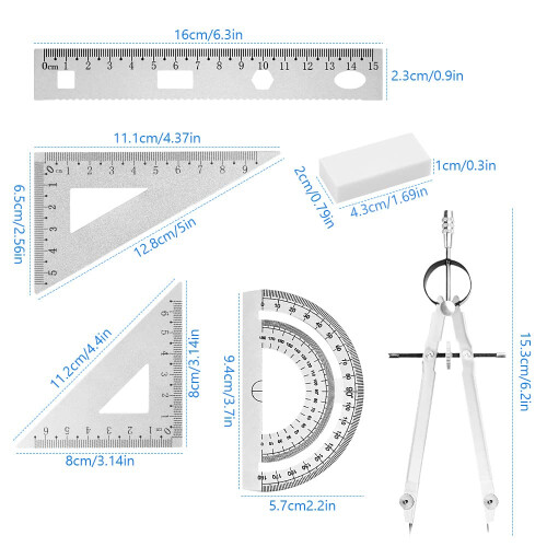 6 Pcs Geometry Set Aluminum Alloy Ruler Set Geometry Compass Set Math Ruler Geometry Tool Set Including Ruler, Protractor, Compass and Eraser for 1