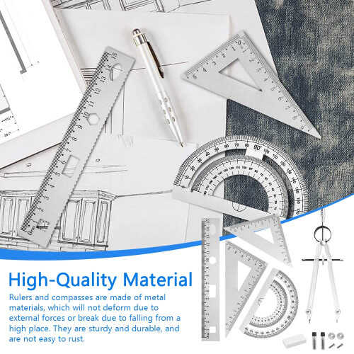 6 Pcs Geometry Set Aluminum Alloy Ruler Set Geometry Compass Set Math Ruler Geometry Tool Set Including Ruler, Protractor, Compass and Eraser for 2