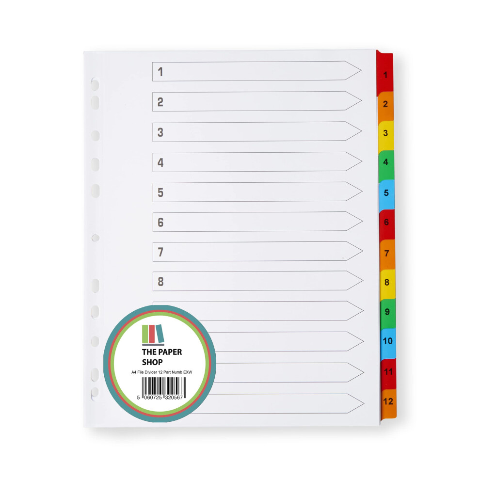 A4+ Extra Wide 12 Part File Dividers A4+ Extra Wide 12 Part Numbered Subject Dividers Multipunched Reinforced Colour Tabs 150gsm