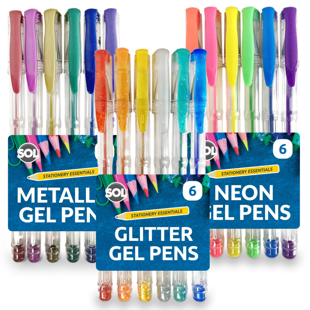 18pk Gel Pens for Kids | 3 Sets Coloured Gel Pens for Writing Includes 1 x 6pk Glitter Pens, 1 x 6pk Neon Pens, and 1 x 6pk Metallic Pens|Pastel Gel