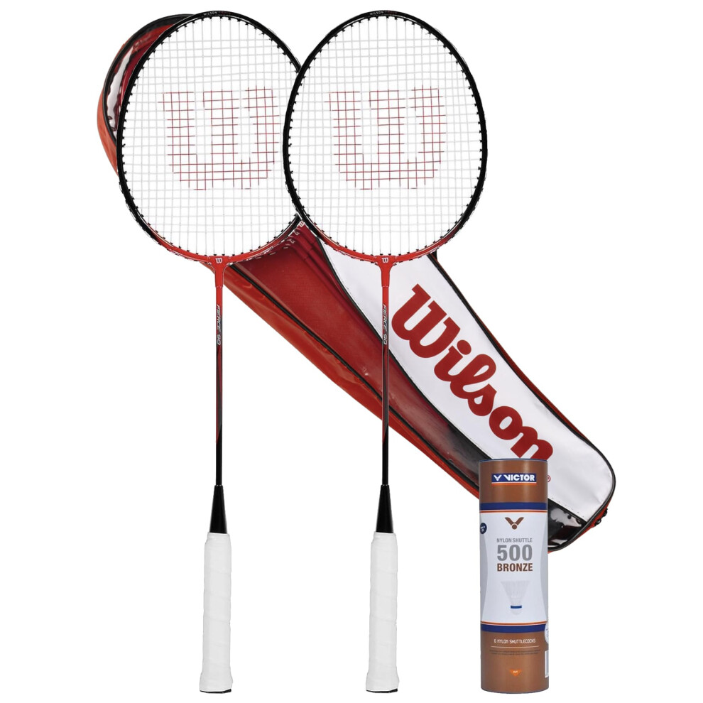 Wilson Fierce Red Adult Twin Badminton Racket, including 6 Shuttlecocks & Carry Case