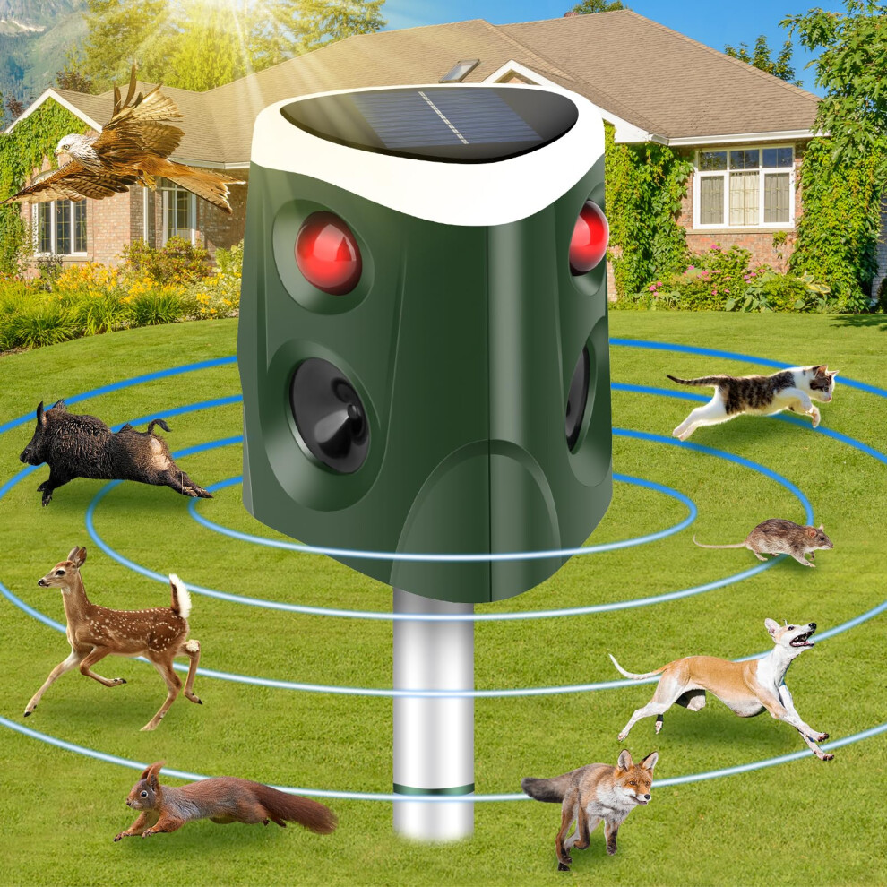 Solar Cat Repellent, [2024] 360 Ultrasonic Animal Repeller Outdoor IP55 Waterproof 4 Modes Adjustable Fox Deterrent with 3-Side Motion Flashing