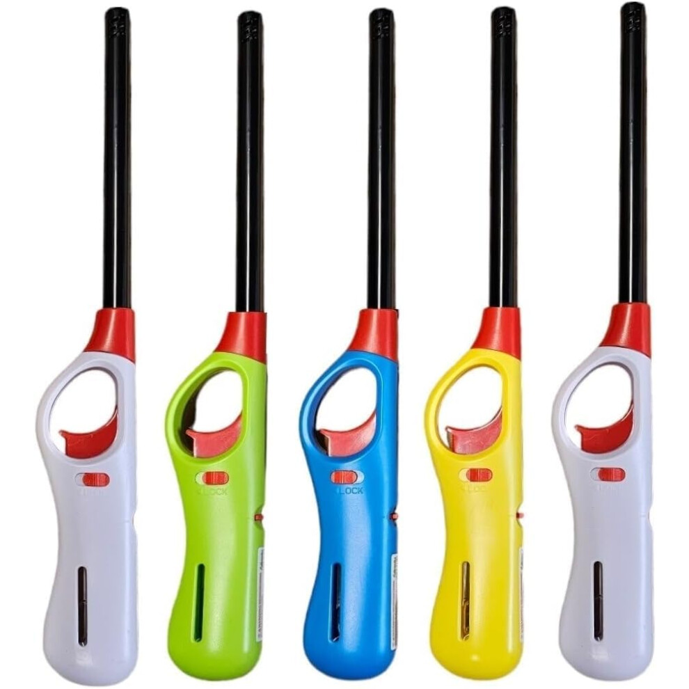 Ezkart | (Pack Of 5 - Bbq Lighter) Refillable Gas Safety Assorted Colours. Ideal For Kitchen, Barbecue, Camping, Cooking, Fireworks. Good Gas Lighters For