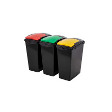 40 Litre Plastic Set of 3 Recycling 40 litre Waste Utility Bins, Black colour coded Lids Green, Red, Yellow