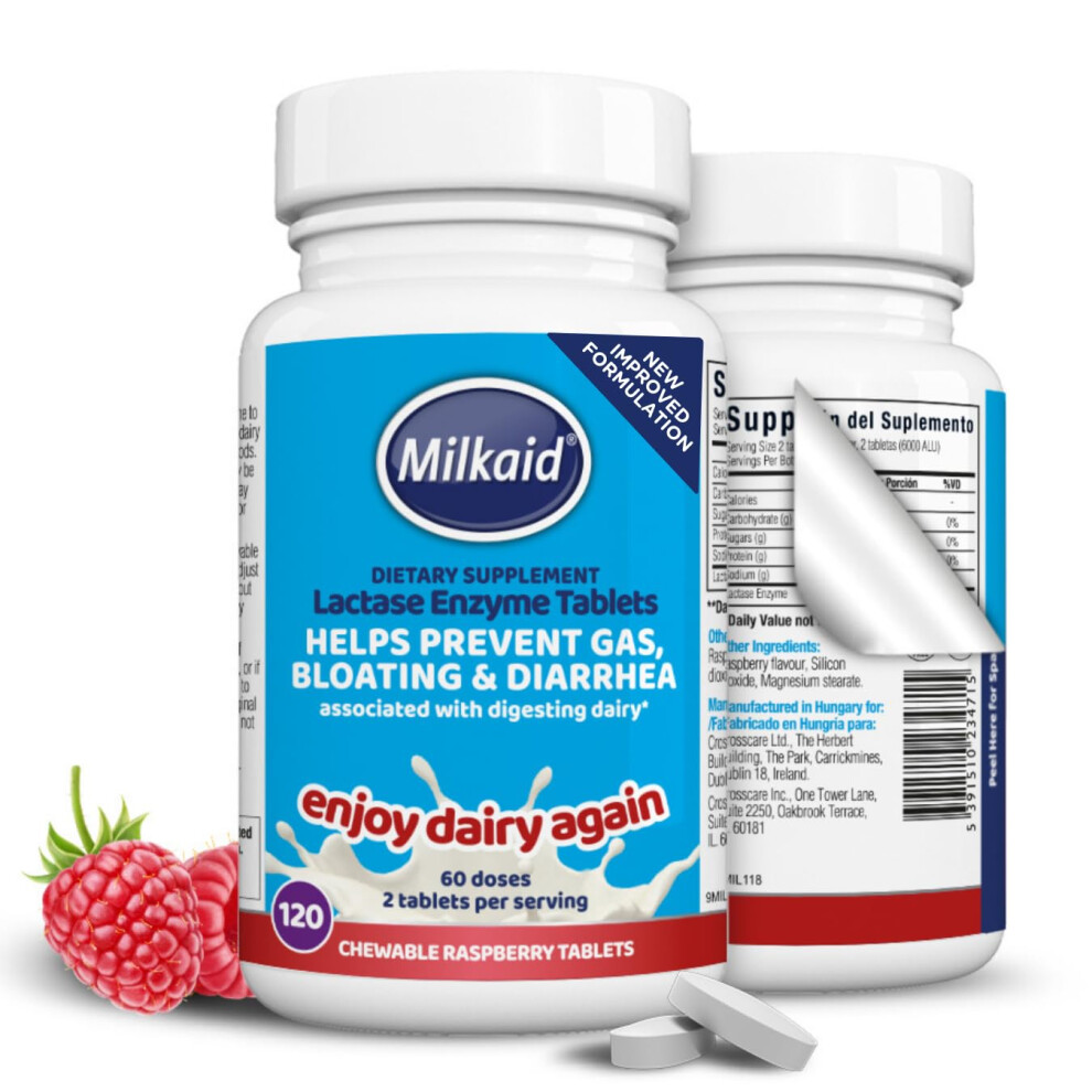 Milkaid Lactase Enzyme Chewable Tablets For Lactose Intolerance Relief | Prevents Gas, Bloating & Diarrhoea | Fast Acting Dairy Digestive Supplement | Gluten