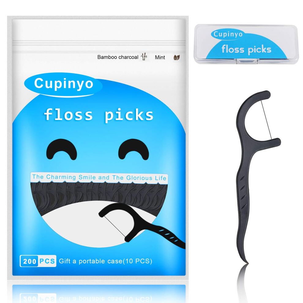 Cupinyo Dental Floss Picks - 200Pcs Mint Flavoured Floss Sticks - Activated Charcoal Floss Sticks, Dental Sticks Mint, Floss Sticks Charcoal, Tooth Picks,
