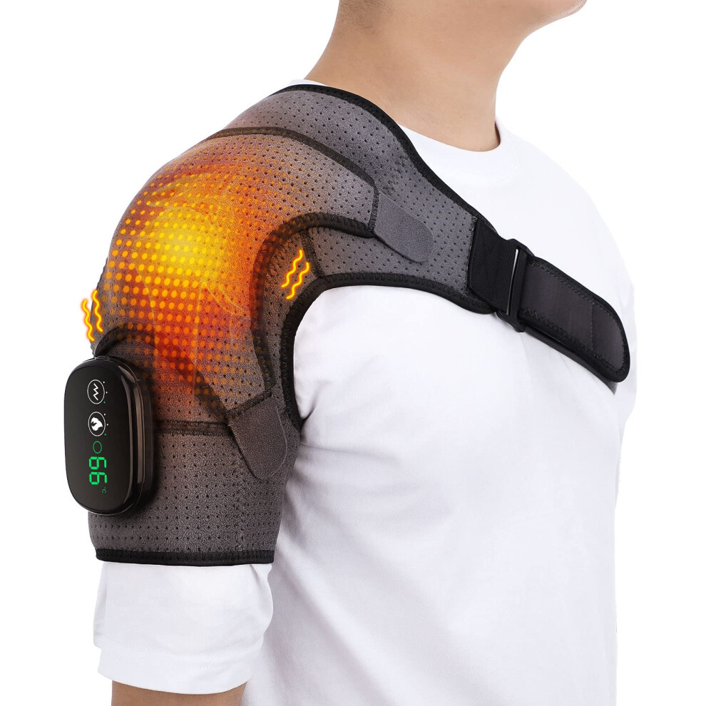 Heated Shoulder Massager Brace Support with Vibration, Heating Electric Shoulder Wrap with Massage, Wireless Vibration Shoulder Pad for Men and Women,