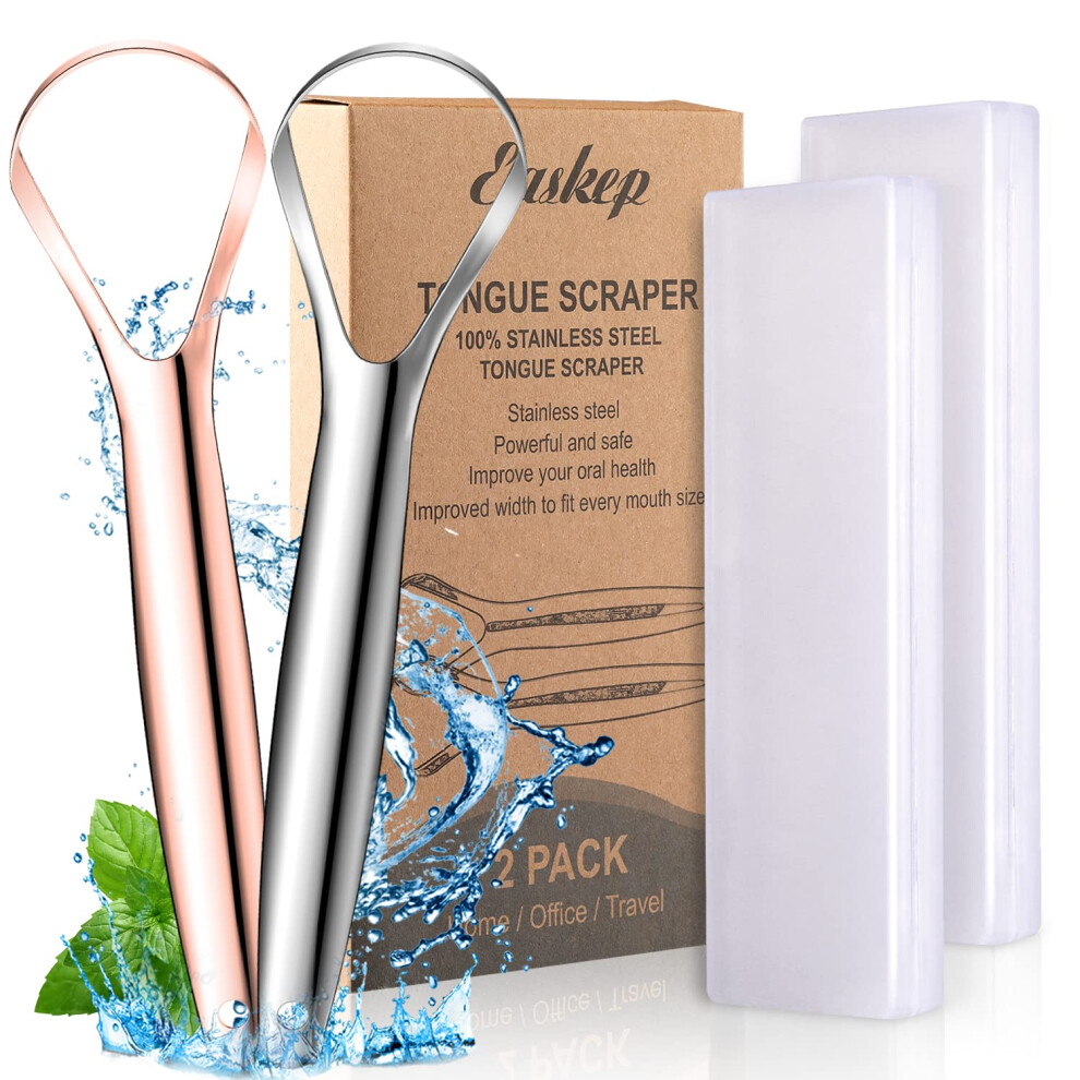 Tongue Scraper (silver+gold), Wide-head Tongue Cleaner with Nice Carrying Box, Easkep 100% Stainless Steel Tongue Scrapers Cleaners, for Men, Women,