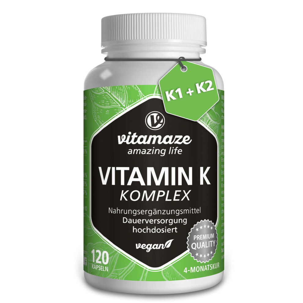 Vitamin K2 + K1 Complex - High Strength (K1 1.000 mcg MK4 + K2 200 mcg MK7 Menaquinone) - 120 Vegan Capsules for 4 Months - Best Bioavailability