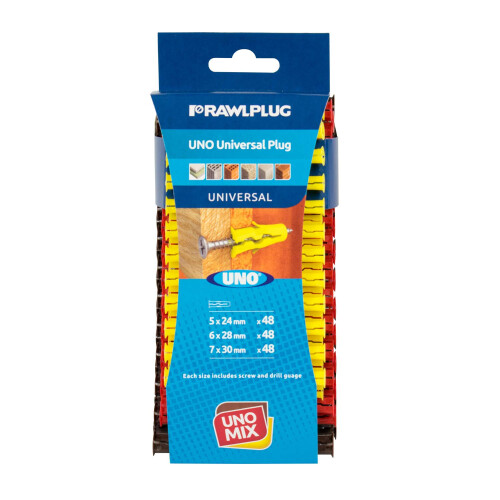 Uno Universal Wall Plugs Set 6, 7, 8 mm | Rawl Plugs for Plasterboard, Masonry, Brick, Concrete | Solid Wall Plug Anti Rotation Features |