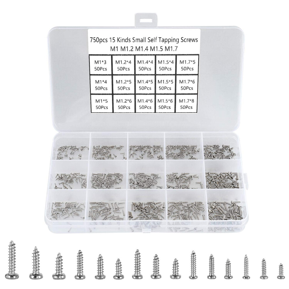 750Pcs 15-Sizes M1/M1.2/M1.4/M1.5/M1.7 Nickel-Plated Phillips Pan Head Small Self Tapping Screws,Electronic Repair Micro Screws,Tiny Screws,Mini Wood 616899971002