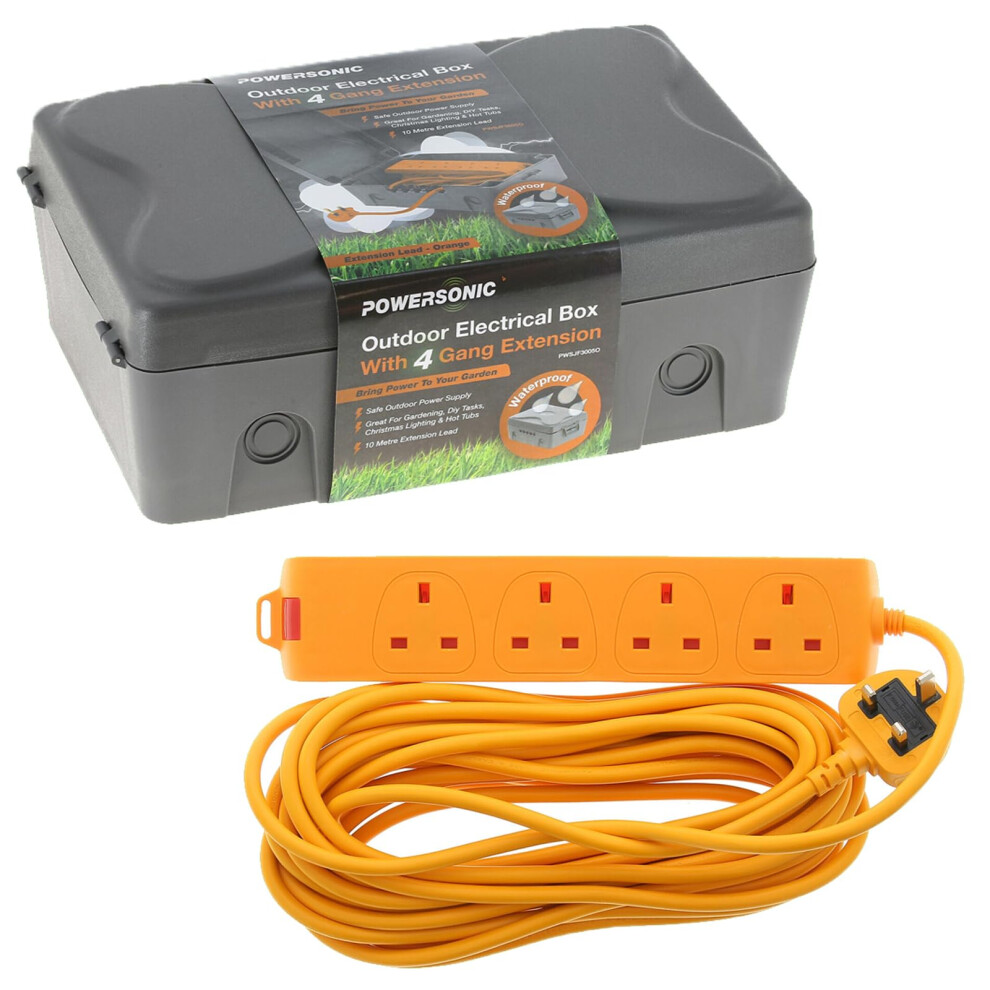 Powersonic Weatherproof Outdoor Electric Box 4 Gang 10 Metre Orange Extension Lead Ip65 5057726171977