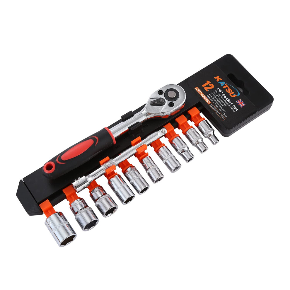 Katsu 1/4 Inch Socket Set 12Pcs, 4-13Mm Metric Drive With 24-Teeth Quick-Released Ratchet Wrench And 4" Extension Bar, High Grade Chrome Vanadium 5060524764944