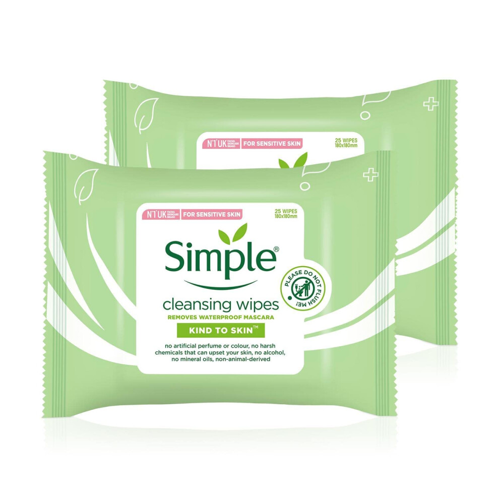 Simple Facial Cleansing Wipes Kind to Skin Sensitive 25's (2 Packs)