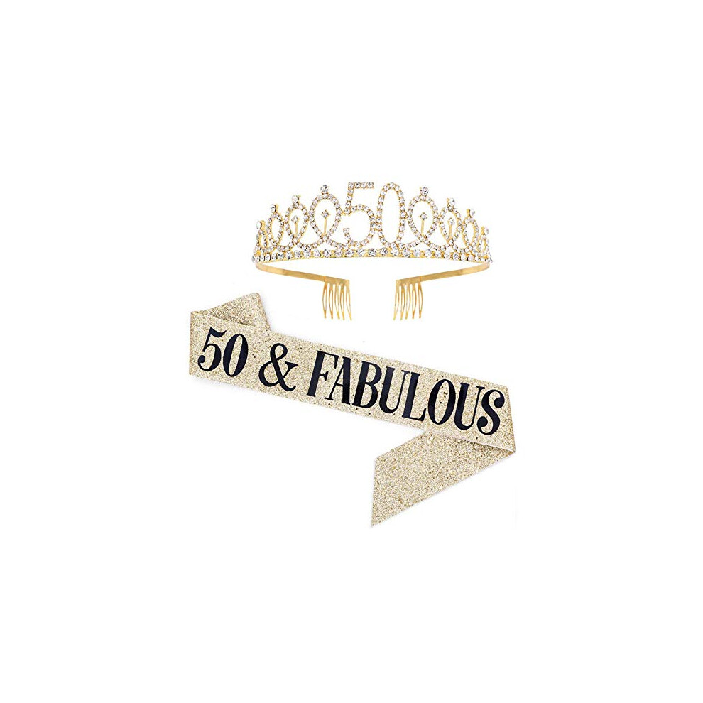 50 and Fabulous Sash & Rhinestone Tiara Set - 50th Birthday Gifts Birthday Sash for Women Birthday Party Supplies (Gold)