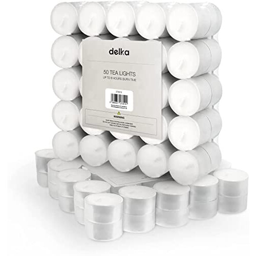 8 Hour Tea Light Candles, 50 Pack, Long Burning Time, Unscented Tea Lights - White