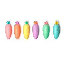 Set of 6 Mini Highlighters - Carrate Team, Carrot-Shaped Highlighters, Water-Based Ink, for Fine and Thick Lines, Pastel Colors, Quick Drying