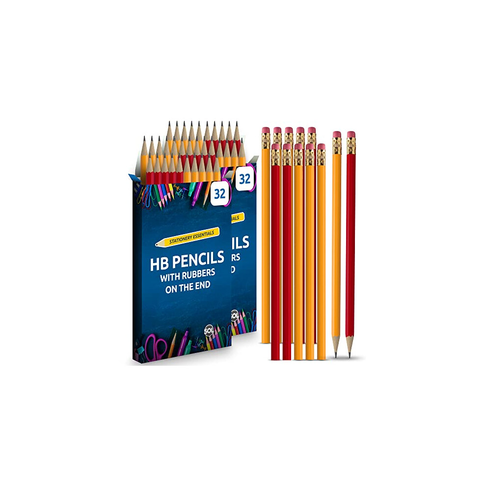 64pk HB Pencils With Rubbers On The End | HB Pencil Pack with Erasers | Writing Pencils for Children I Kids Pencils for School Supplies I School