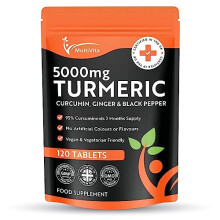 Turmeric Tablets 5000mg with Black Pepper & Ginger - 120 High Strength Curcumin Supplements - Turmeric and Black Pepper Tablets (Not Turmeric Capsules
