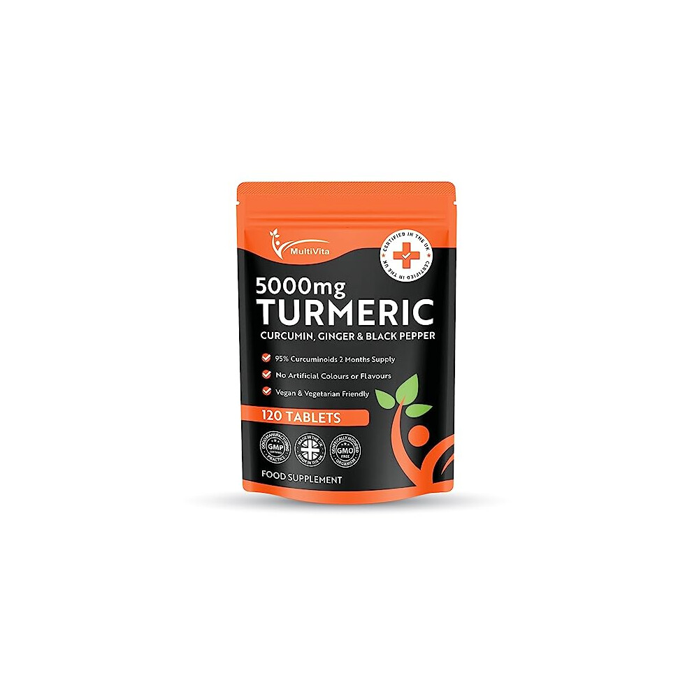 Turmeric Tablets 5000mg with Black Pepper & Ginger - 120 High Strength Curcumin Supplements - Turmeric and Black Pepper Tablets (Not Turmeric Capsules