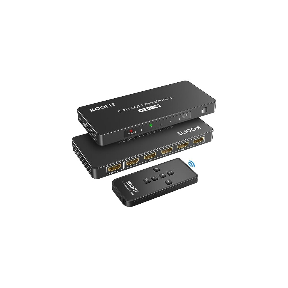 HDMI Switch 5 In 1 Out, HDMI Splitter 4K with Remote Auto HDMI Switcher Supports 4K 3D UHD, Switch HDMI Splitter for PS5, PS4, PS3, DVD, Blu-ray, Xbox