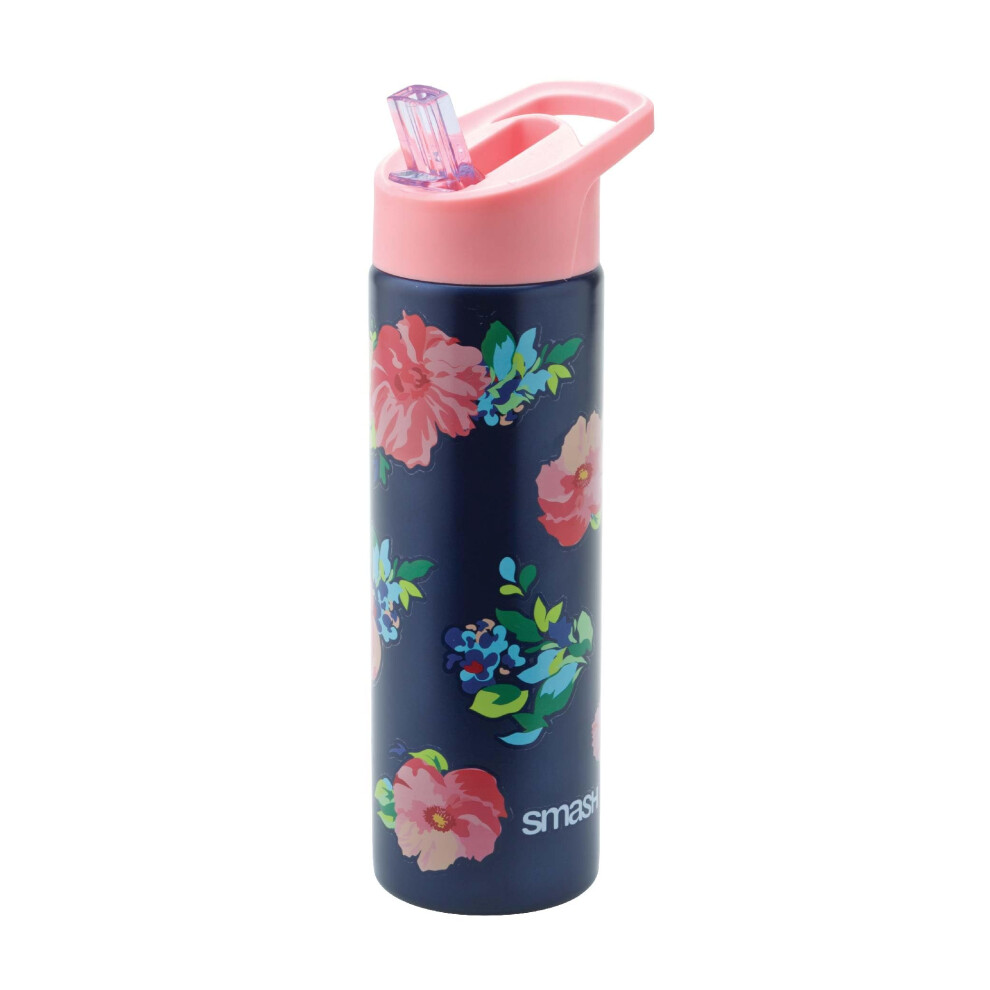 Stainless Steel Drink Bottle with Flip Top Lid and Straw - Rose 750ml