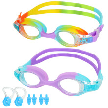 Kids Swimming Goggles (2 Pack Kids Goggles Anti-Fog UV Resist Leak Proof Swimming Goggles for Kids Boys Girls (Rainbown/LakeBlue&Purple)