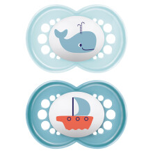 Original Soothers 16+ Months (Pack of 2), Baby Soothers with Self Sterilising Travel Case, Newborn Essentials, Blue (Designs May Vary).