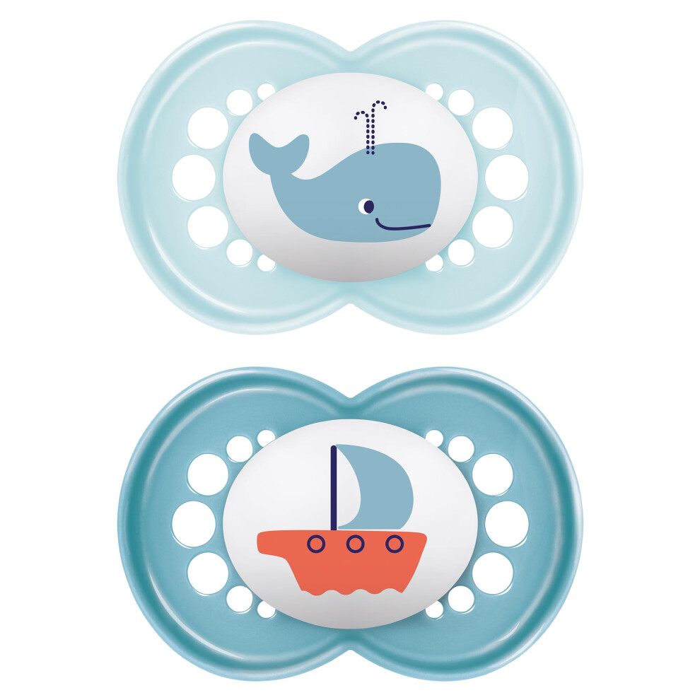 Mam Original Soothers 16+ Months (Pack Of 2), Baby Soothers With Self Sterilising Travel Case, Newborn Essentials, Blue (Designs May Vary).